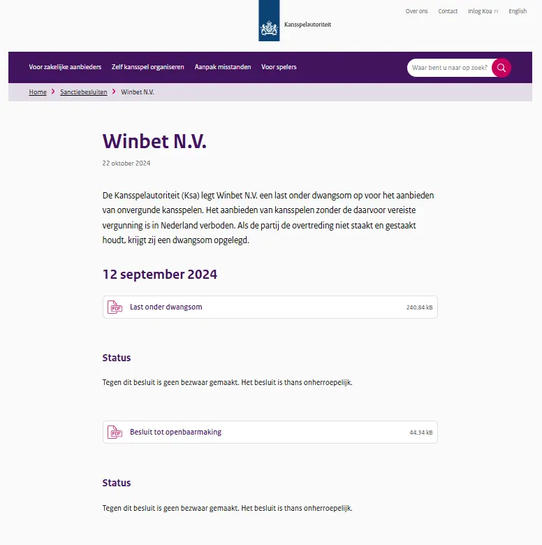 Ksa-besluitpagina over Winbet N.V. met de status dat het besluit onherroepelijk is