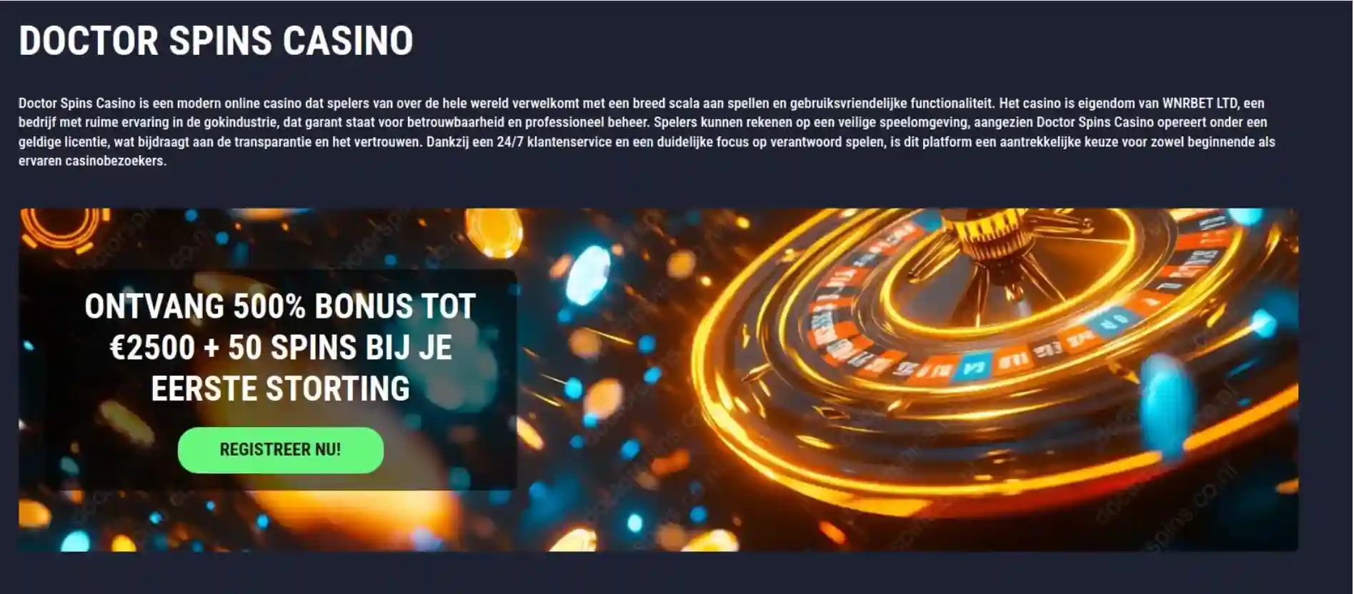 Actuele Doctor Spins welkomstbonus zoals die op de officiële website wordt weergegeven