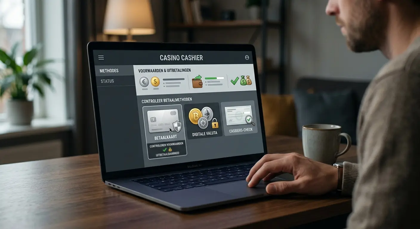 Neutrale betaalflow met kaart, crypto, cashiercontrole, valuta en opnamecompatibiliteit voor een Nederlandse casinospeler